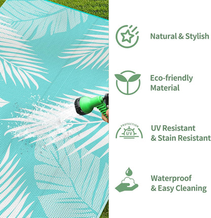 GENIMO Outdoor Rug 9' x 12' Waterproof for Patios Clearance, Reversible Outdoor Plastic Straw Camping Rug Carpet, Large Area Rugs Mats for RV, Camper, Deck, Balcony, Porch, Beach, Aqua Blue&White