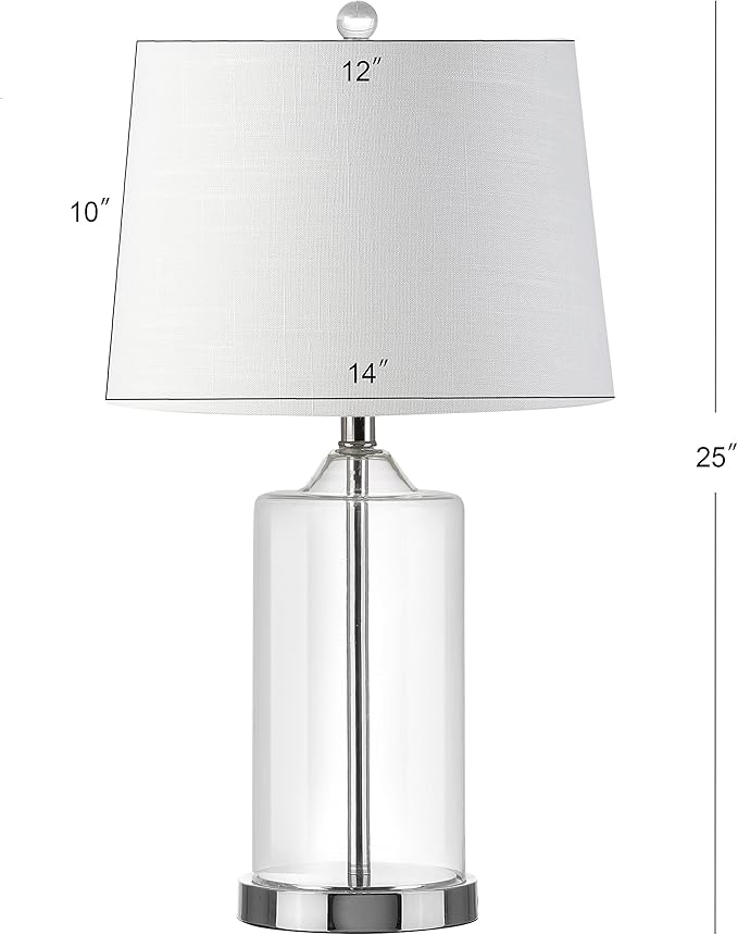 JONATHAN Y 25" Clear Glass and Chrome LED Table Lamp, Modern Coastal Bedside Lamp with White Linen Drum Shade for Living Room, Farmhouse Decor, LED Bulb Included JYL1018A