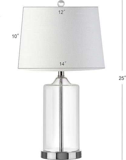 JONATHAN Y 25" Clear Glass and Chrome LED Table Lamp, Modern Coastal Bedside Lamp with White Linen Drum Shade for Living Room, Farmhouse Decor, LED Bulb Included JYL1018A
