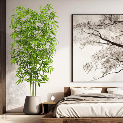 Artificial Tree Fake Plants, Artificial Bamboo Tree 7FT Tall in White Potted, Artificial Tree Indoor Decor Bamboo Silk Tree with Natural Wood Trunk, for Home Office Living Room Modern