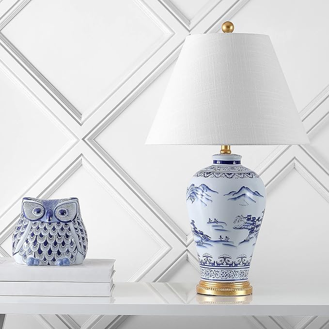 JONATHAN Y 26.5" Blue and White Ceramic Ginger Jar Table Lamp, Traditional Chinoiseries Landscape for Bedroom Living Room, White Linen Empire Shade, LED Bulb Included JYL6610A