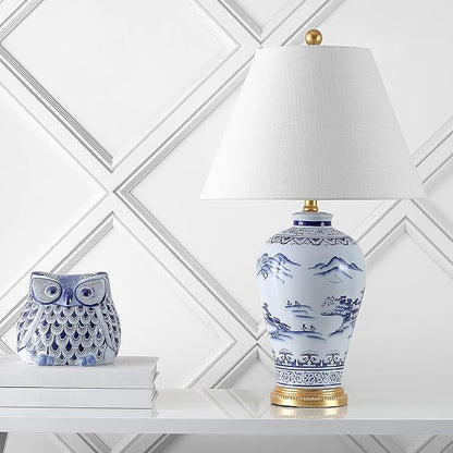 JONATHAN Y 26.5" Blue and White Ceramic Ginger Jar Table Lamp, Traditional Chinoiseries Landscape for Bedroom Living Room, White Linen Empire Shade, LED Bulb Included JYL6610A