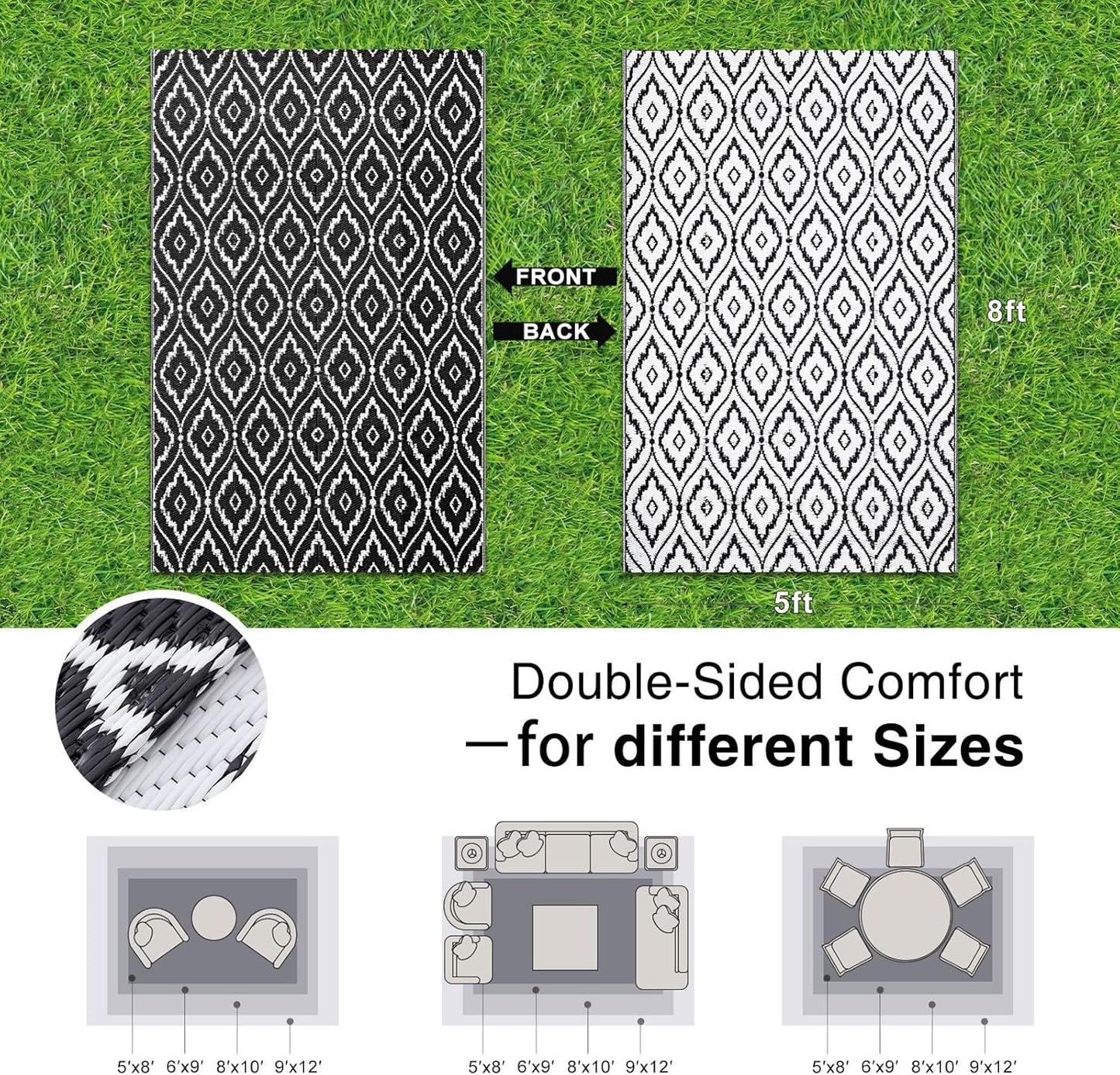 OLANLY Outdoor Rug 5x8 ft Waterproof, Outdoor Plastic Straw Rug with Geometric Pattern Clearance, Reversible RV Mat for Patio, Camping, Balcony, Deck, Backyard, Black & White