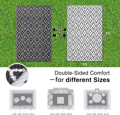 OLANLY Outdoor Rug 5x8 ft Waterproof, Outdoor Plastic Straw Rug with Geometric Pattern Clearance, Reversible RV Mat for Patio, Camping, Balcony, Deck, Backyard, Black & White