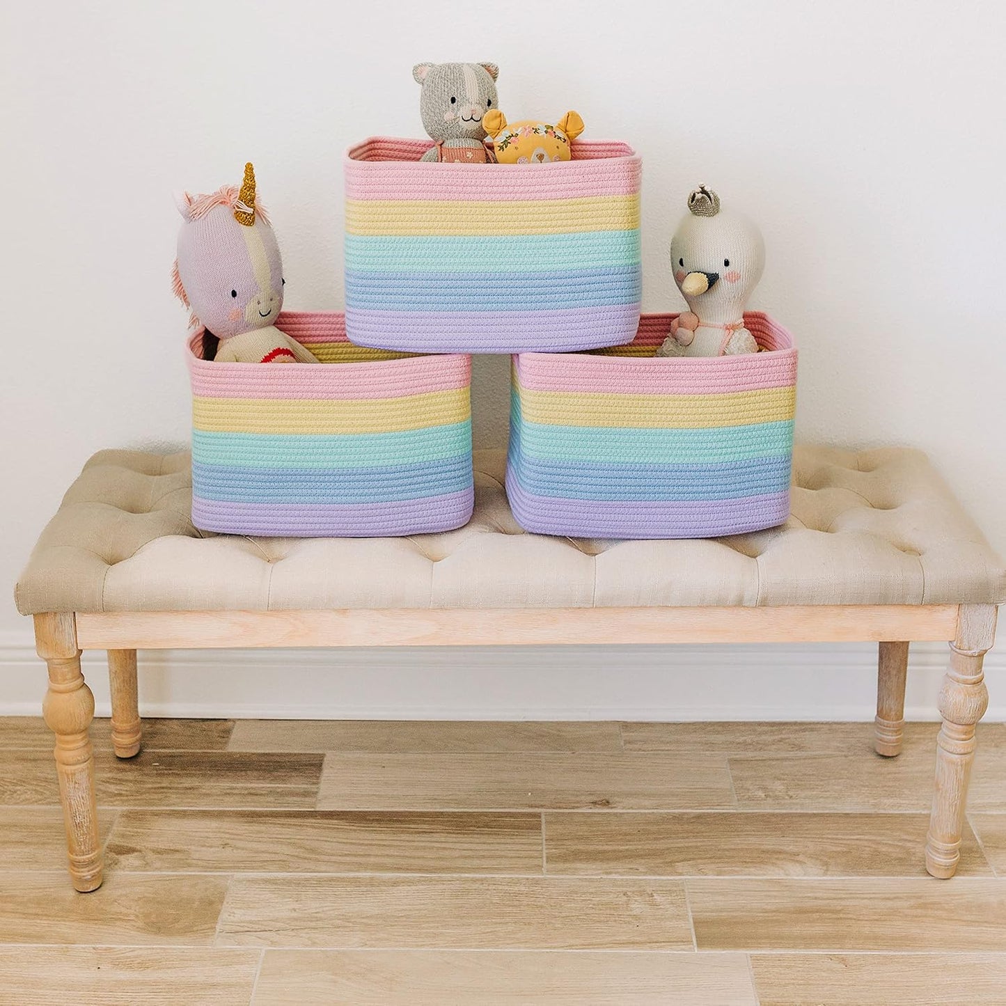 OrganiHaus Set of 3 Rainbow Woven Storage Baskets for Organizing, Cotton Rope Organizer Bins for Shelves, Closet & Nursery, Dog Toy Basket, Decorative Bins for Toys, Towels & Books - 15x10x9