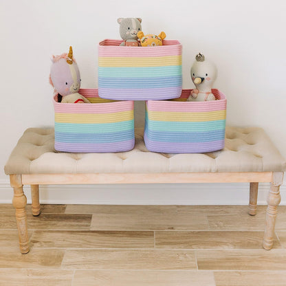 OrganiHaus Set of 3 Rainbow Woven Storage Baskets for Organizing, Cotton Rope Organizer Bins for Shelves, Closet & Nursery, Dog Toy Basket, Decorative Bins for Toys, Towels & Books - 15x10x9