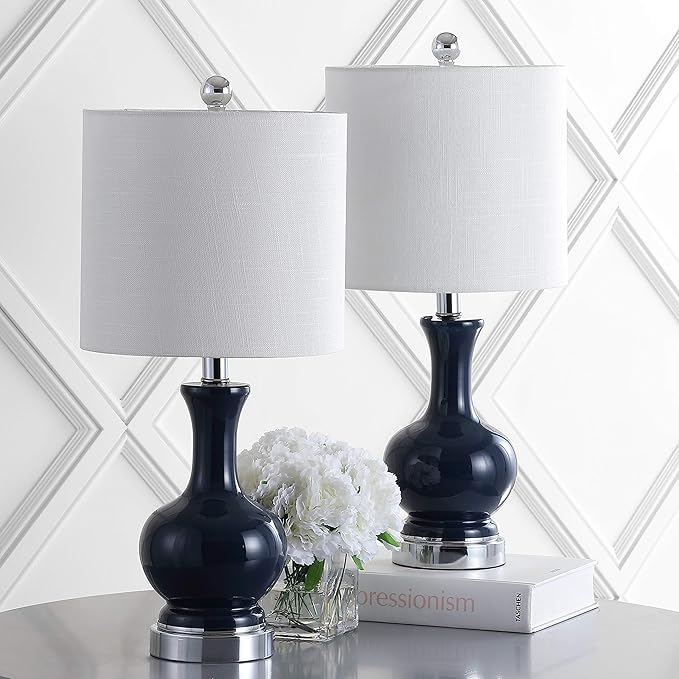 JONATHAN Y 22" Navy/Chrome Modern Glass Table Lamp Set of 2, Brass Gold Bedside Lamp with White Linen Shade for Bedroom Living Room, LED Bulbs Included (JYL4033C-SET2)
