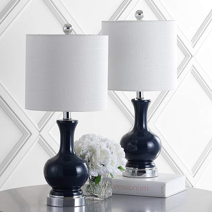 JONATHAN Y 22" Navy/Chrome Modern Glass Table Lamp Set of 2, Brass Gold Bedside Lamp with White Linen Shade for Bedroom Living Room, LED Bulbs Included (JYL4033C-SET2)
