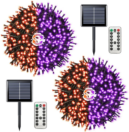 JMEXSUSS 2 Pack Purple and Orange Solar Christmas Lights, Total 400 LED 151FT Color Changing Solar String Lights Outdoor Waterproof for Outside Patio Yard Tree Halloween Christmas Decorations