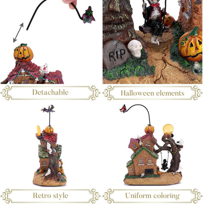 Valery Madelyn Halloween Decorations, Lighted Halloween Village Houses with Music and LED Lights, Resin Spooky Town Flying Witch and Haunted House for Home and Party Table Desk Mantel, 12 Inch