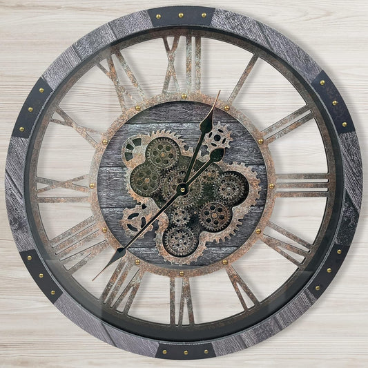 DORBOKER 30" Large Wall Clock Moving Gears,Oversized Industrial Rustic Farmhouse Clocks for Living Room Decor Office Home, Solid Wood Retro Metal HD Tempered Glass Cover,Carbon Grey