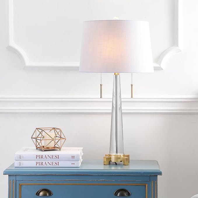 JONATHAN Y 29.5" Clear/Brass Gold 2-Light Crystal LED Table Lamp, Contemporary Glam Bedside Lamp for Living Room, White Linen Drum Shade, Pull Chain, LED Bulbs Included JYL2018A
