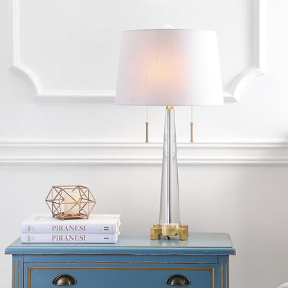 JONATHAN Y 29.5" Clear/Brass Gold 2-Light Crystal LED Table Lamp, Contemporary Glam Bedside Lamp for Living Room, White Linen Drum Shade, Pull Chain, LED Bulbs Included JYL2018A