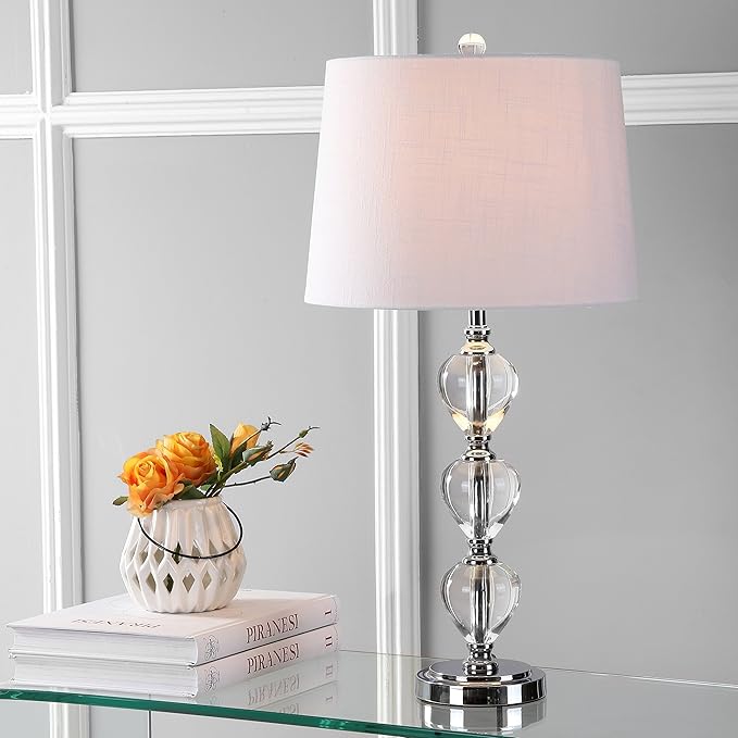 JONATHAN Y 27" Clear/Chrome Traditional Crystal LED Table Lamp, Elegant Column Bedside Lamp for Living Room Bedroom, White Linen Shade, UL Listed, LED Bulb Included JYL2042A