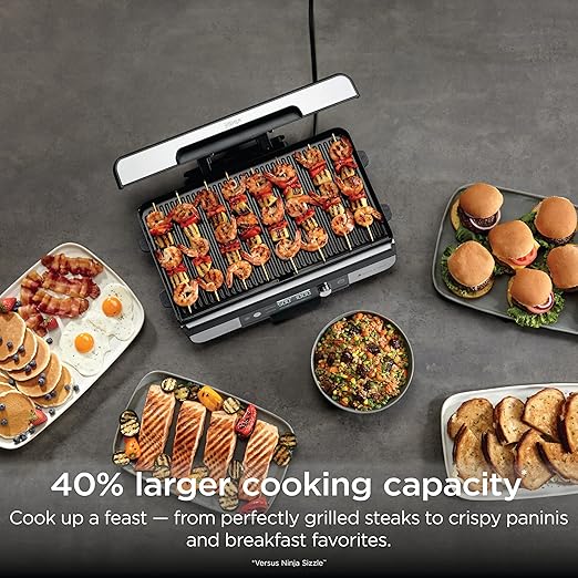Ninja Sizzle Pro XL 20-Inch Indoor Griddle + Grill, Detachable Ventilated Lid, Grease Control, Ceramic Nonstick Plates, Even Edge Cooking, Extra Large Capacity, Versatile, Silver, GX101