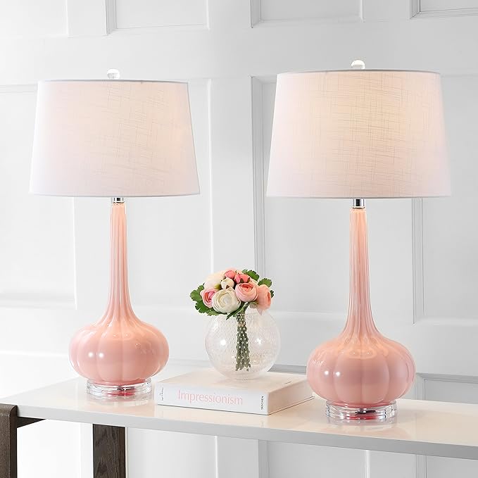 JONATHAN Y 28.5" Pink Glass Teardrop LED Table Lamp Set of 2 for Living Room Bedroom Nightstand, White Linen Shade Modern Transitional Bedside Desk Lamp JYL1079A-SET2