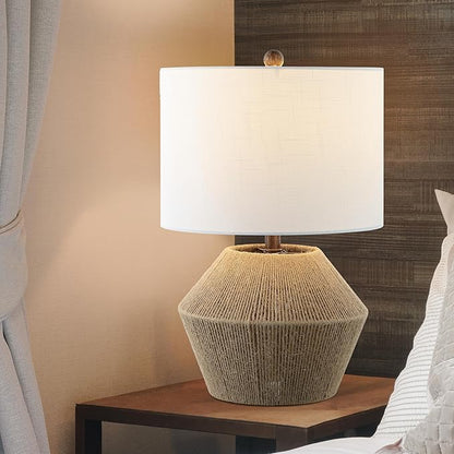 JONATHAN Y 21.75" Brown Rope Coastal Rustic Table Lamp, Farmhouse Iron Lamp with White Linen Drum Shade for Living Room Bedroom Nightstand, LED Bulb Included JYL4049A