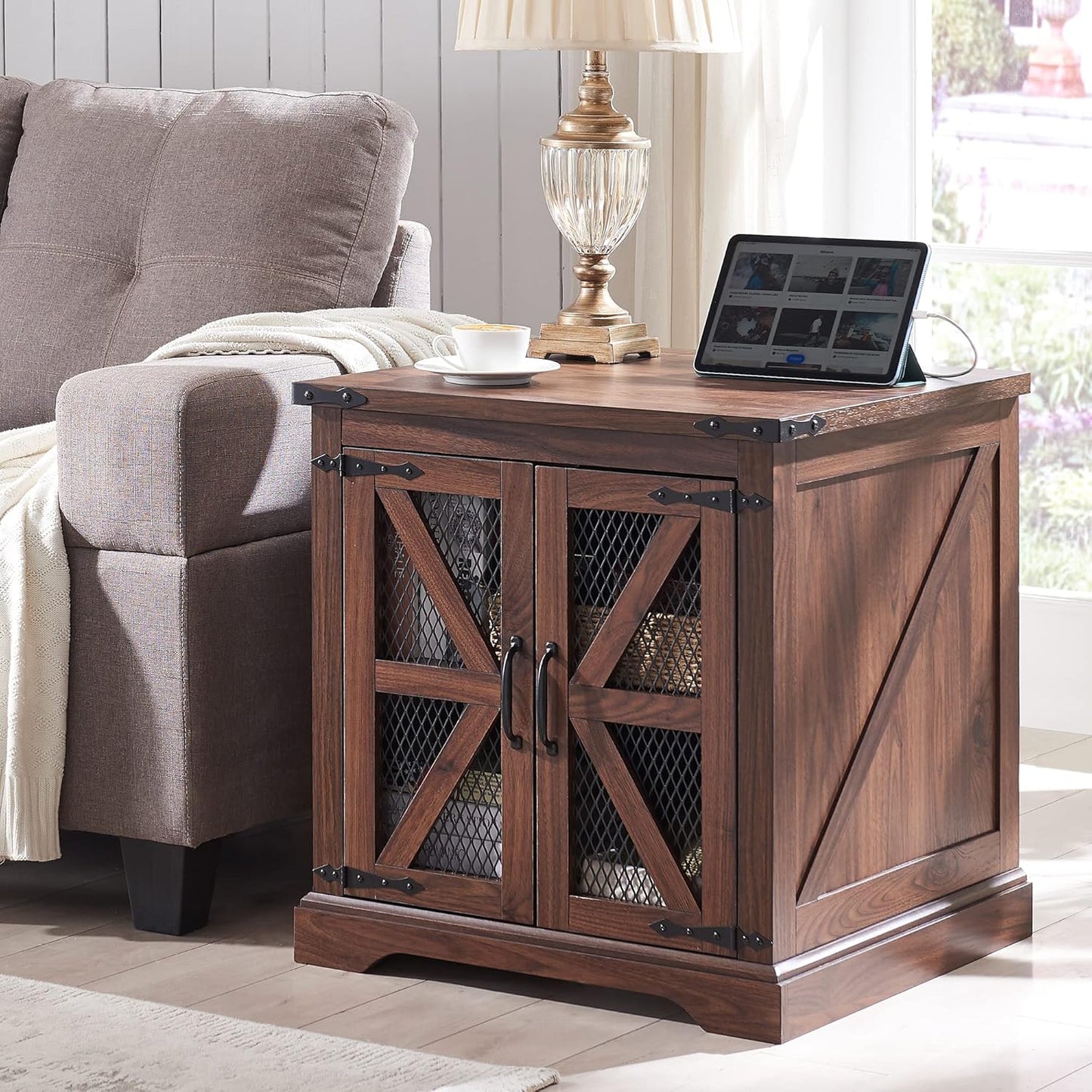 JXQTLINGMU Farmhouse End Table, 24" Large Sofa Side Table with Charging Station, Mesh Barn Door, and Adjustable Storage Shelf, Rustic Wood Square Nightstand for Living Room, Bedroom, Office, Brown
