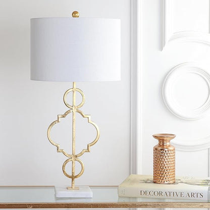 JONATHAN Y 31" Gold Modern Quatrefoil LED Table Lamp, Contemporary Metal Iron Lamp with White Marble Base and Linen Drum Shade for Living Room Bedroom, LED Bulb Included JYL3026A