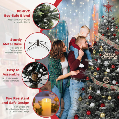 7.5ft Pre-lit Artificial Christmas Tree with Incandescent Warm White Lights, Snow Flocked Full Prelighted Xmas Tree Automatic Branch Tips, UL Listed Lights & Foldable Stand, Green & White