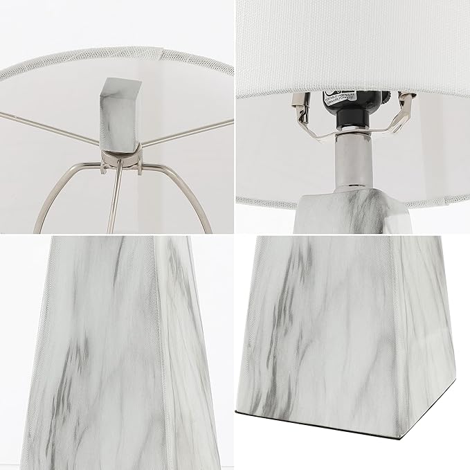 JONATHAN Y 20.5" White Marble Finish Modern Resin Table Lamp for Bedroom Living Room, Contemporary Faceted Bedside Lamp with White Linen Shade, LED Bulb Included (JYL1037A-SET2)