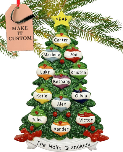 Personalized Large Family of 12 Ornament 2025 | Free 24h Customization | Christmas Ornaments for Tree | Custom Gift Wrapped Green Glitter Keepsake for Twelve Persons