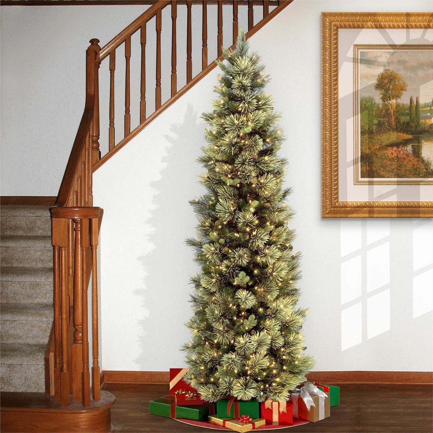 National Tree Company Pre-lit Artificial Christmas Tree | Includes Pre-strung White Lights and Stand | Carolina Pine Slim - 6.5 ft