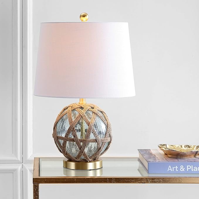 JONATHAN Y 21.5" Aqua Glass and Brown Rope Nautical Table Lamp, Coastal Transitional Bedside Lamp with White Linen Drum Shade for Living Room, LED Bulb Included JYL1085A