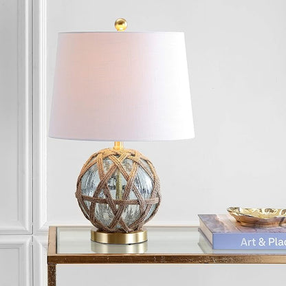 JONATHAN Y 21.5" Aqua Glass and Brown Rope Nautical Table Lamp, Coastal Transitional Bedside Lamp with White Linen Drum Shade for Living Room, LED Bulb Included JYL1085A