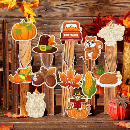 80PCS Wooden Thanksgiving Decoration Turkey Ornaments to Paint Happy Thanksgiving Cutouts Unfinished, DIY Blank Fall Unfinished Maple Leaf Corn Truck Pumpkin Ornament for Home Crafts Hanging