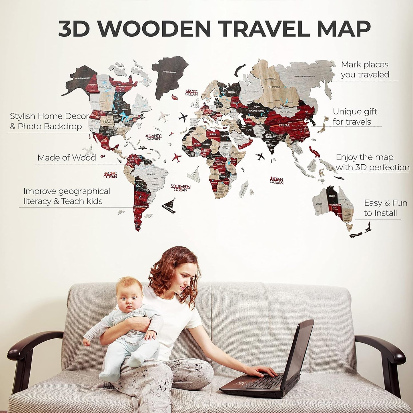 Handmade 3D Wood World Map Wall Art Large Wall Decor Track Your World Travels - Special For Home, Kitchen And Office (Large, Urban)