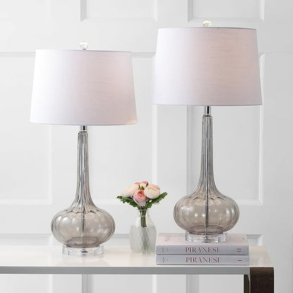 JONATHAN Y 28.5" Smoke Gray Glass Teardrop LED Table Lamp Set of 2 for Living Room Bedroom Nightstand, White Linen Shade Modern Transitional Bedside Desk Lamp (JYL1079D-SET2)