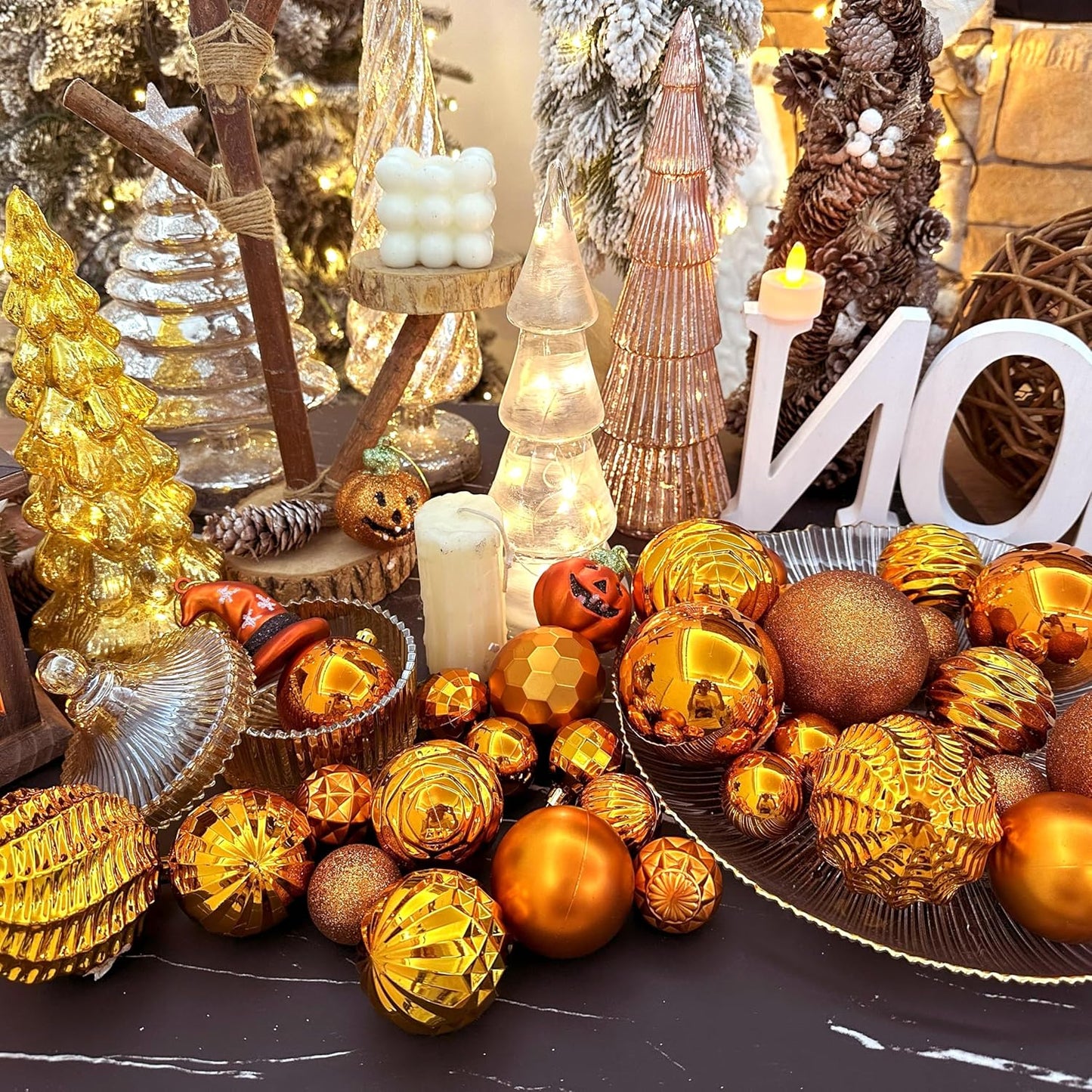 XmasExp 16ct Christmas Ball Ornaments Set Yellow Shatterproof Xmas Tree Hanging Decorations for Fall Thanksgiving Holiday Decor (Orange, 3.15“)