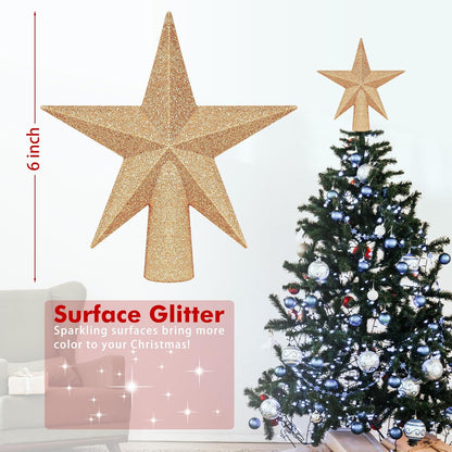 Christmas Tree Decoration, 6" Champagne Christmas Tree Topper Star Accessories, Xmas Glitter 3D Bethlehem Tree Ornament, Waterproof Holiday Christmas Tree Topper Star Decorations for Home Decor