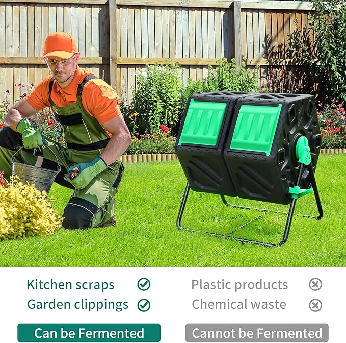 YITAHOME Large Outdoor Dual Chamber Compost Bin, 37 Gallon Rotating Composter Tumbling with 2 Sliding Doors and Aeration System, Garden Compost Tumbler (2x18.5 Gallon,Green)