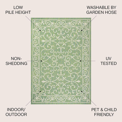 JONATHAN Y Vintage Filigree Indoor Outdoor Area Rug 4X6 Green/Ivory, Charleston Textured Weave for Backyard, Patio, Porch, Easy-Cleaning, High Traffic, Pet-Friendly, Non-Shedding (SMB106K-4)