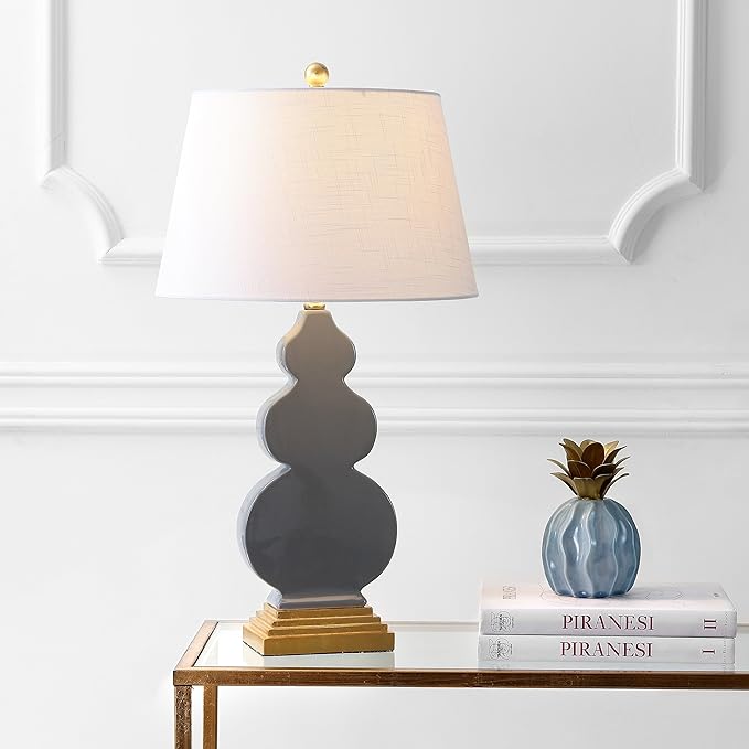 JONATHAN Y 29" Gray/Gold Ceramic Table Lamp for Bedroom Modern Bedside Lamp, White Linen Shade, Mid-Century Triple Gourd Desk Lamp for Office, LED Bulb Included (JYL3018B)