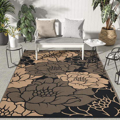 GENIMO Outdoor Rug Waterproof for Patio Decor, 8' x 10' Reversible Plastic Straw Floral Camping Carpet, Large Area Rugs Mats for RV, Camper, Deck, Balcony, Porch, Beach, Picnic, Mix-Black & Brown