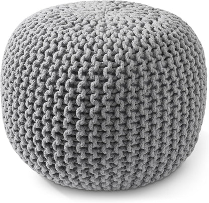 Casafield Round Pouf Ottoman, Light Gray - 20" Diameter x 14.5" High Cotton Knit Foot Stool - Boho Floor Pouffe for Living Room, Bedroom, Home Office