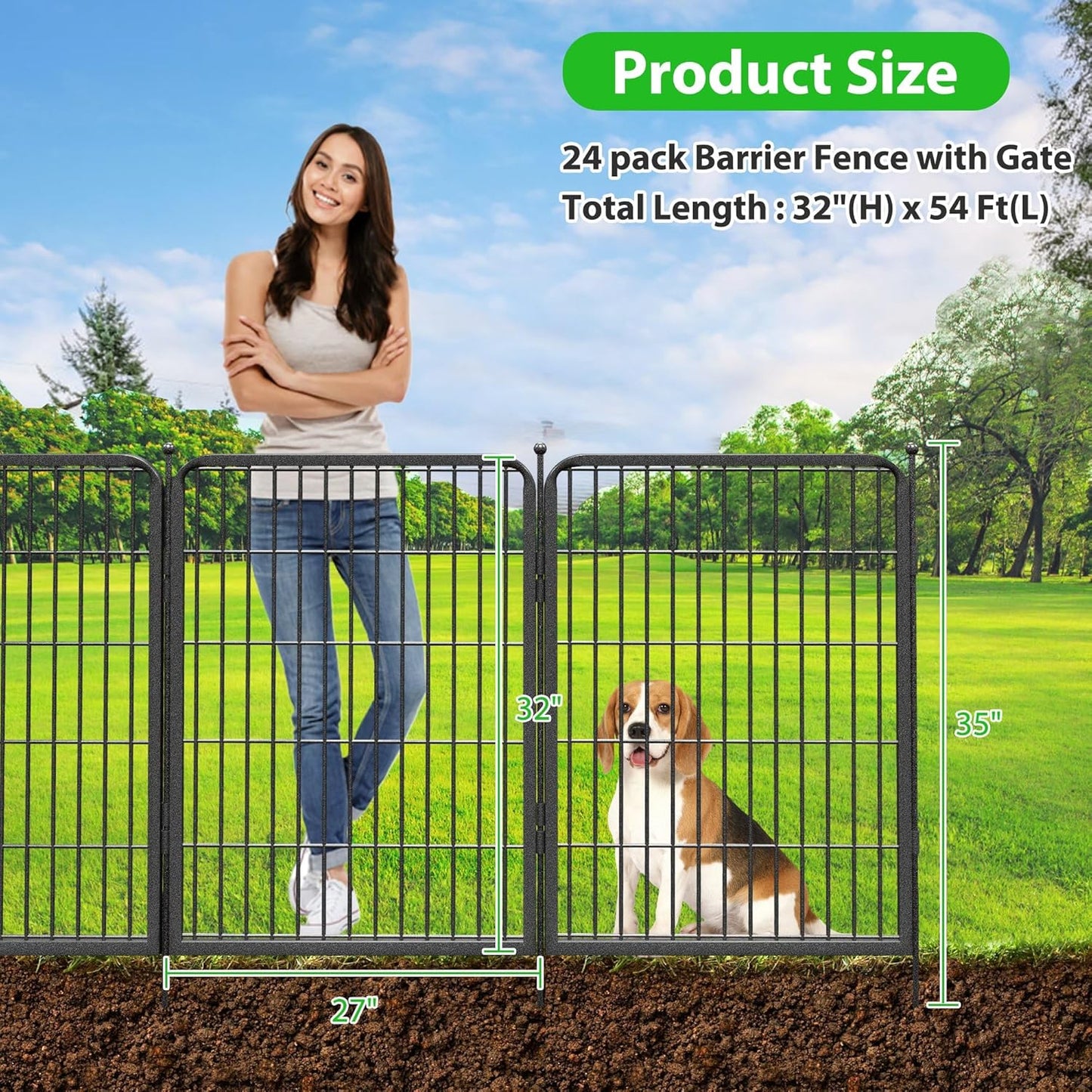 Decorative Black Metal Fencing Garden Fence with Gate, 54ft(L) 40in(H) 24 Fence Panels No Dig Fence Rustproof Animal Barrier Fence Temporary Dog Panels Fencing Outdoor