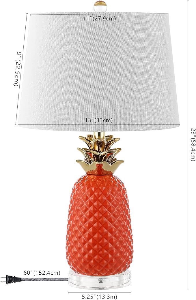 JONATHAN Y 23" Orange/Gold Pineapple Ceramic Table Lamp for Bedroom Decor, Modern Whimsical Bedside Nightstand Lamp with White Linen Drum Shade and LED Bulb (JYL4019E)