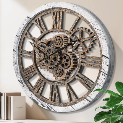 HOIBAI Large Wall Clock, 20 Inch Wall Clocks for Living Room Decor Farmhouse Vintage Rustic Kitchen Wall Decor Vintage Roman Big Oversized Wall Clock for Home Bedroom House Office, Moving Gears Clock