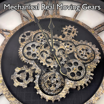 27 inch Large Real Moving Gears Wall Clock with Toughened Glass Cover, Oversized Solid Wood Retro Farmhouse Clock, Giant Decorative Rustic Wall Clock for Living Room Home Kitchen Office (Black)