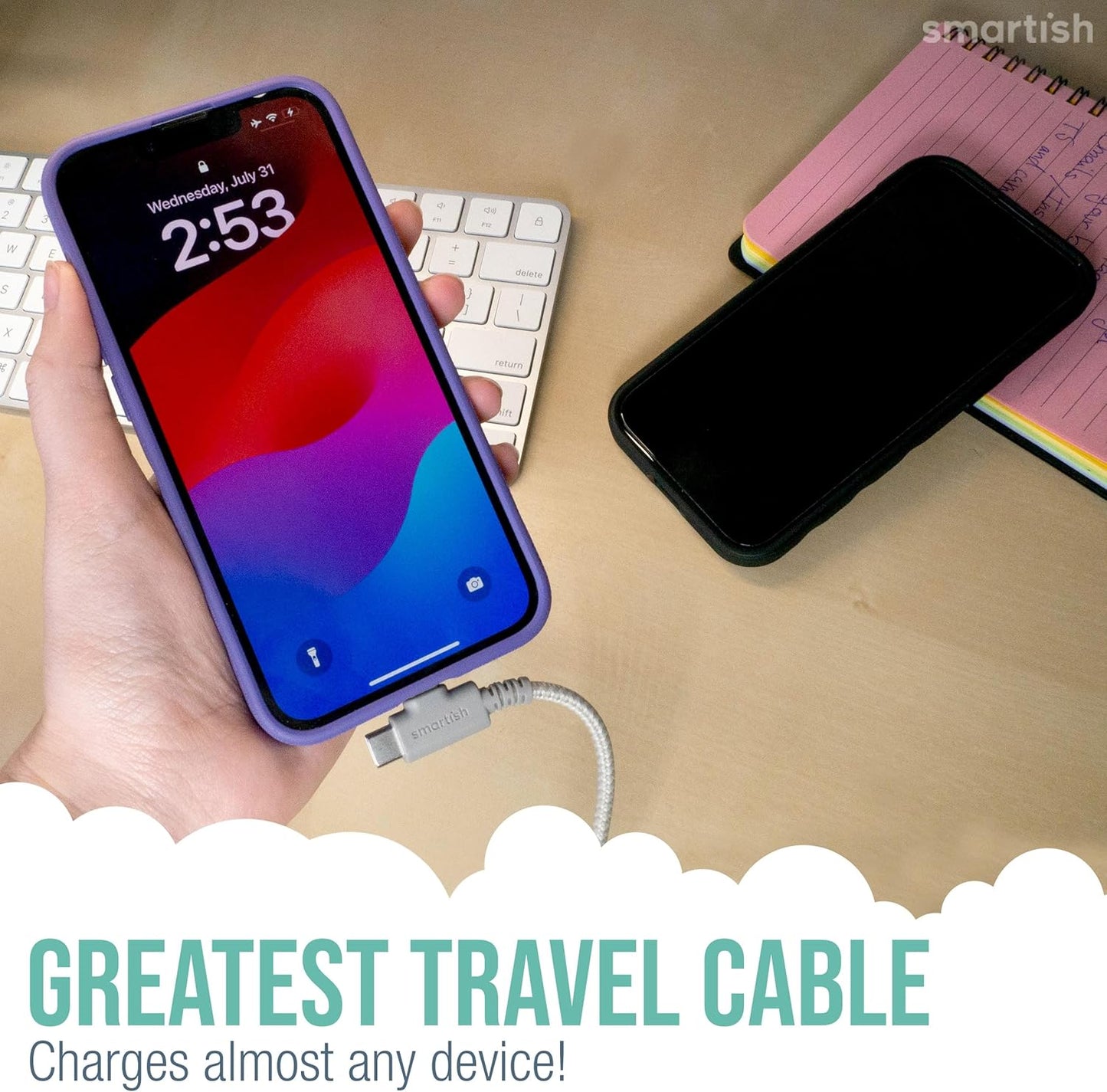 Smartish 2 in 1 USB C to USB C/Lightning Cable - Crown Joule - 6 Ft Fabric Wrapped Fast Charging Cord - for iPhone, Galaxy, Pixel - 100W Dual Fast Charger for Phones/Laptops - Teal Me More