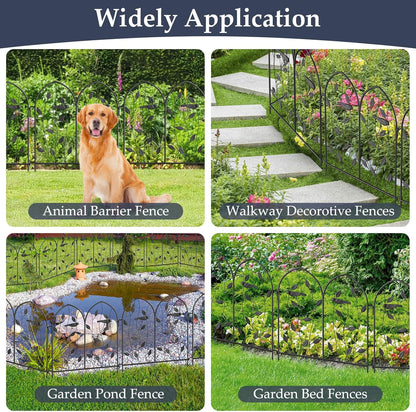 Decorative Garden Fence 4 Pack - 24in(H) x 10Ft(L), Metal Garden Fencing Panel, Landscape Pathway Edge Iron Picket Fence Panels (Balck)