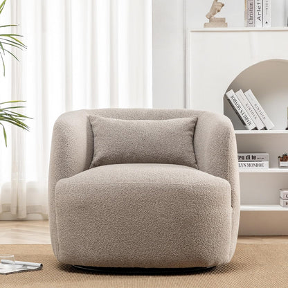 KINWELL 34" Wide Boucle Swivel Barrel Chair, No Assembly Round Upholstered Armchair Accent Chair Single Sofa Chair with Toss Pillow for Living Room and Bedroom, Taupe