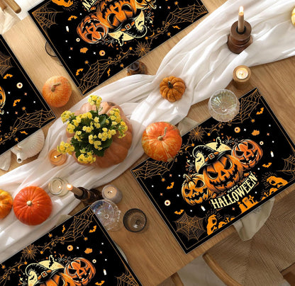 Halloween Spooky Placemats Set of 4, 12x18 Inch Pumpkin Bat Table Mats, Washable Heat Resistant Place Mats for Kitchen Dining Table, Halloween Themed Decoration for Home-B05