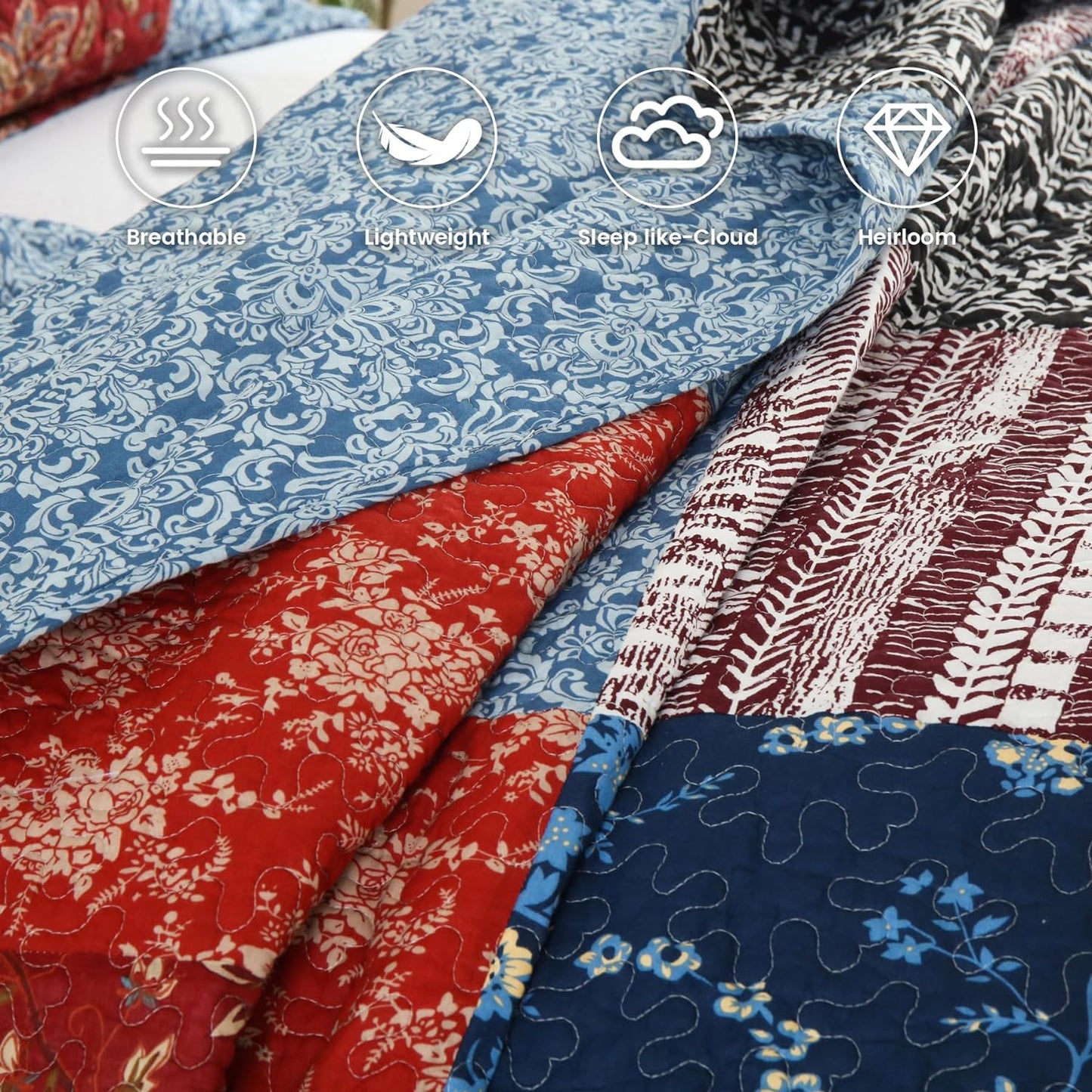 Secgo King Comforter Set for Bed - 100% Cotton Quilts Queen Size, Black Bedspreads (98 * 106 Inch) with 2 Pillow Shams, Patchwork Reversible Lightweight Bedding