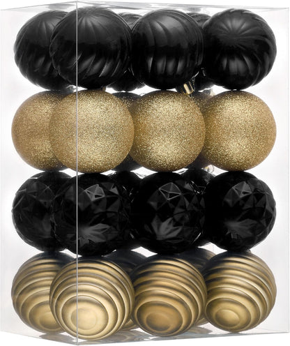 Valery Madelyn Christmas Ornaments Tree Decorations Set for Fall Halloween, 24ct Black Gold Shatterproof Ball Ornaments, 2.36" Hanging Ornament Bulk for Xmas Holiday Party Decor