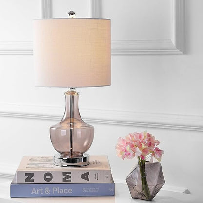 JONATHAN Y 20" Smoke Gray Glass Mini Table Lamp, Modern Bedside Lamp for Bedroom, White Linen Drum Shade, Teardrop Glass Base, LED Bulb Included, UL Listed (JYL1029D)